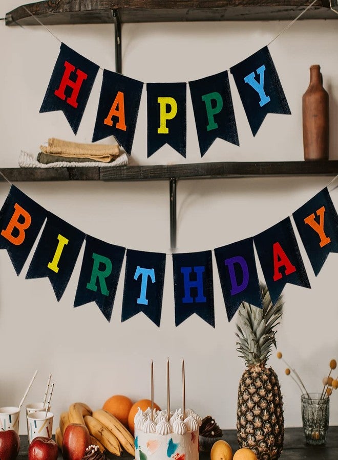 CROWNOS Colorful Happy Birthday Banner, Pre-strung Burlap Rainbow Happy Birthday Sign - Multi Color Reusable Birthday Party Decorations for Kids Boys Girls - Image 2